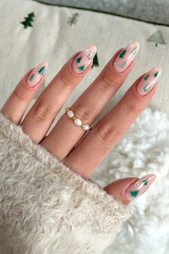 Pale Pink Green Christmas Tree Snowflake Long Almond Nails — Green Christmas Nails