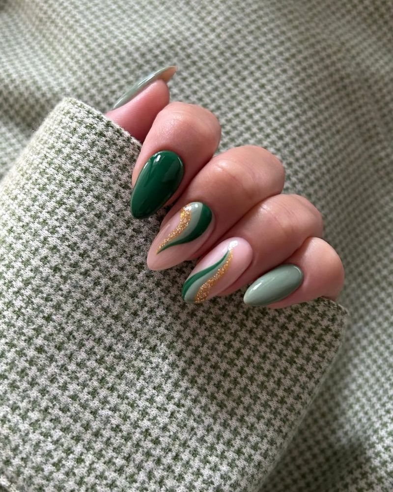Green Mint Nude Gold Glitter Stripe Medium Almond Nails — Green Christmas Nails