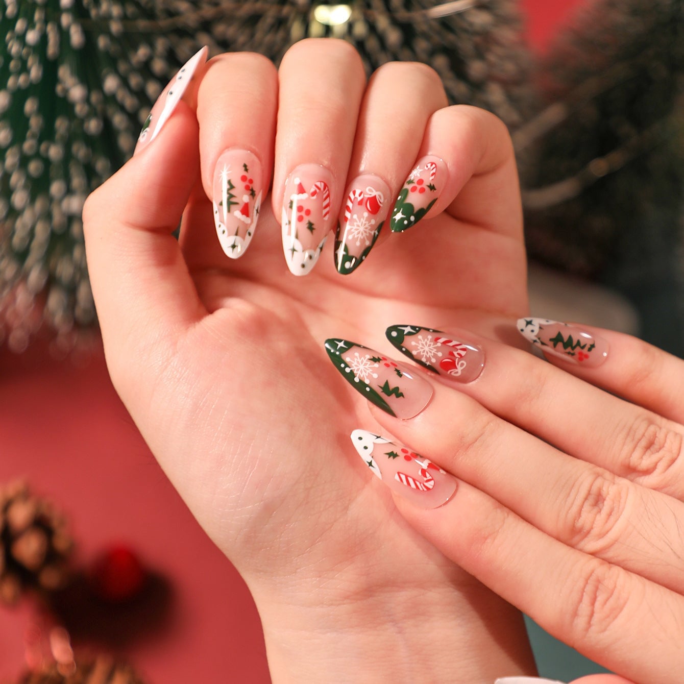 Festive Christmas Art Medium Almond Nails — Green Christmas Nails