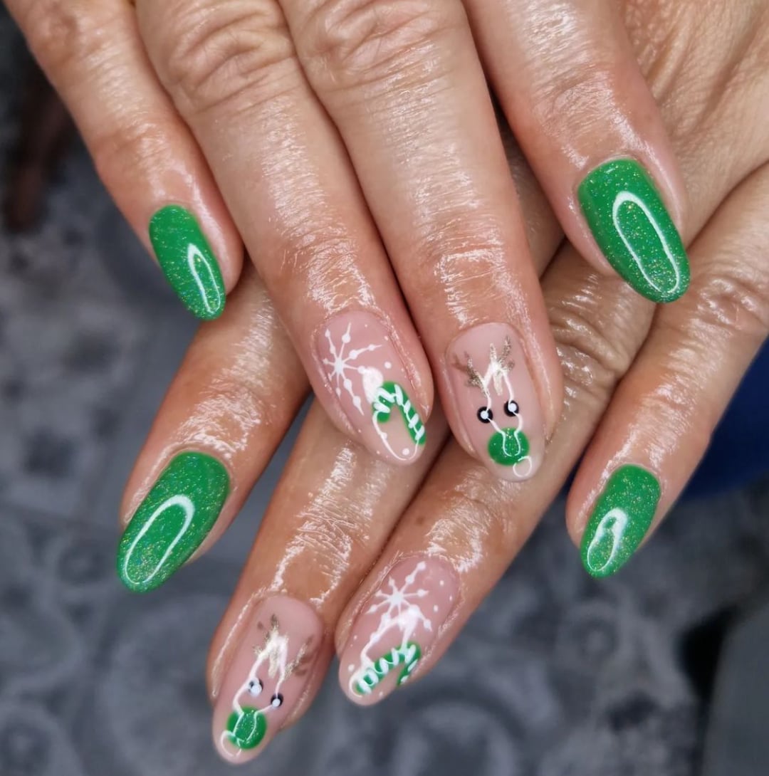 Green Glitter Nude Snowflake Deer Candy Cane Medium, Close-Up Take — Green Christmas Nails