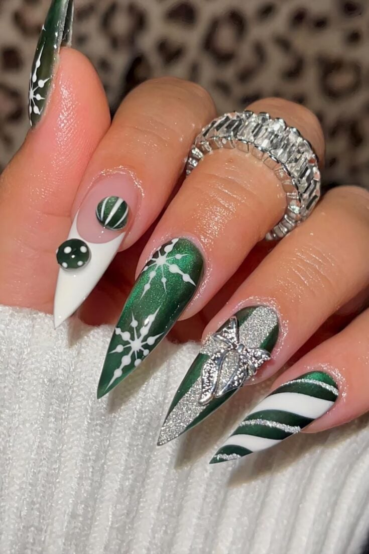 Deep Green Snowflake Glitter Bow Stripe Long Stiletto Nails — Green Christmas Nails