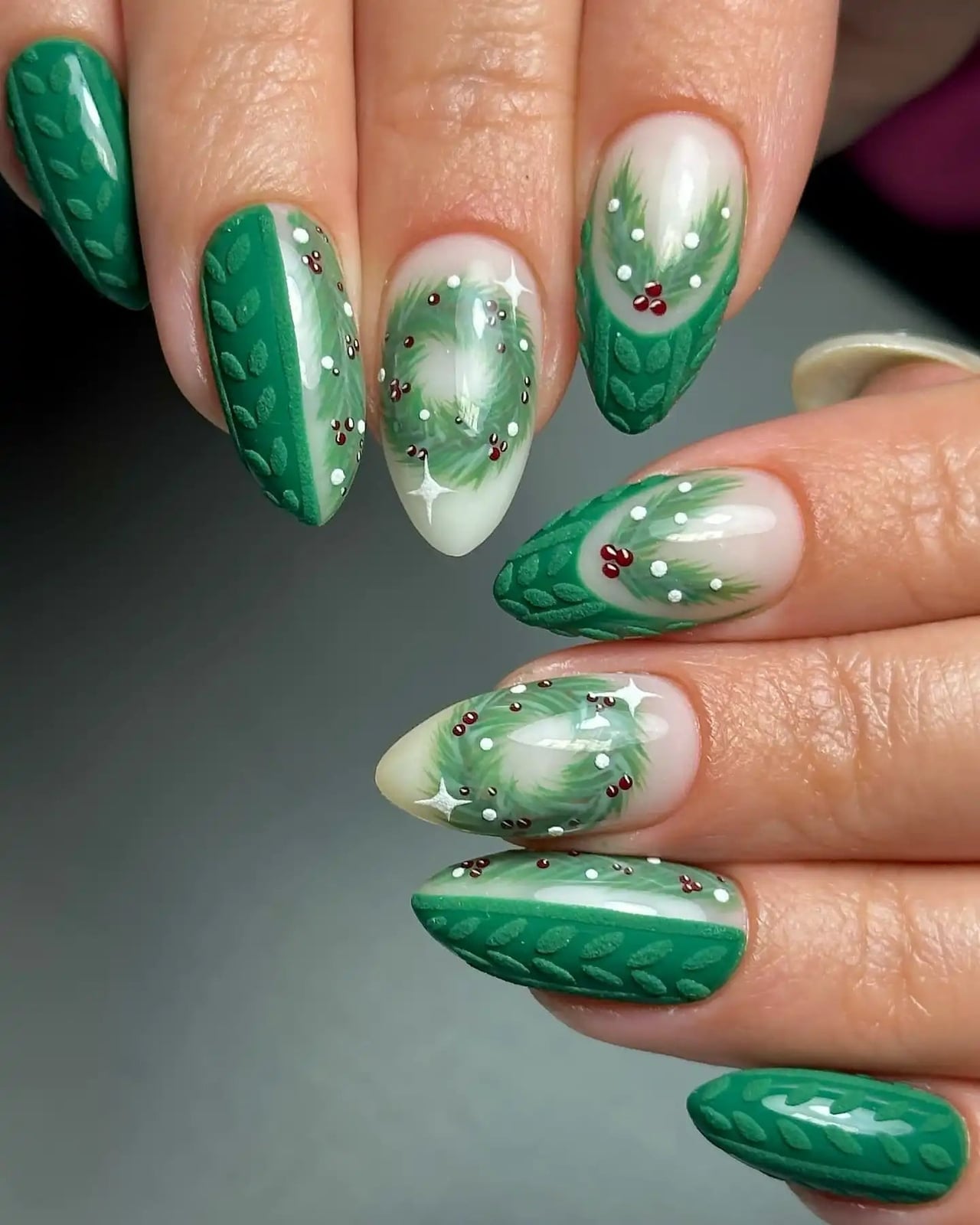 Textured Green Knit and Wreath Medium Almond Nails — Green Christmas Nails