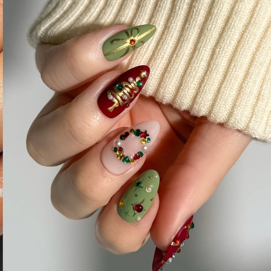 Sage Green Gold Bow and Gemmed Tree Medium Almond Nails — Green Christmas Nails
