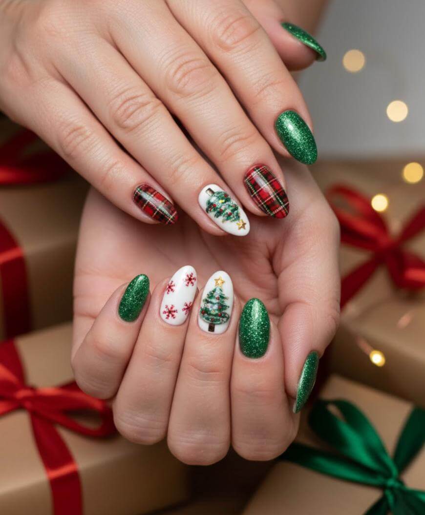 Green Christmas Tree and Plaid Medium Oval Nails — Green Christmas Nails