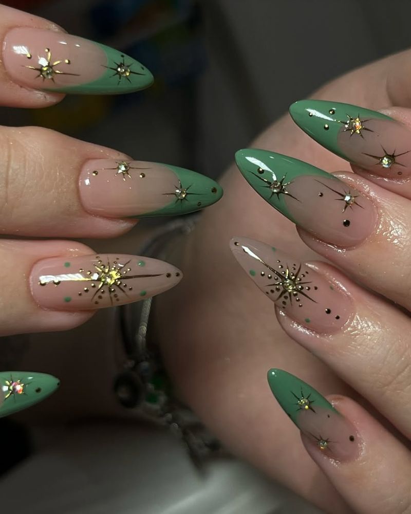 Sheer Nude Green French Tip Stiletto Nails — Green Christmas Nails