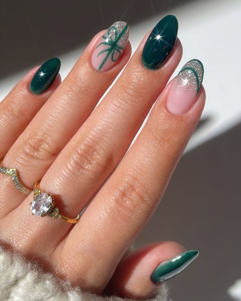 Deep Glossy Green and Glitter Gradient Almond Nails — Green Christmas Nails