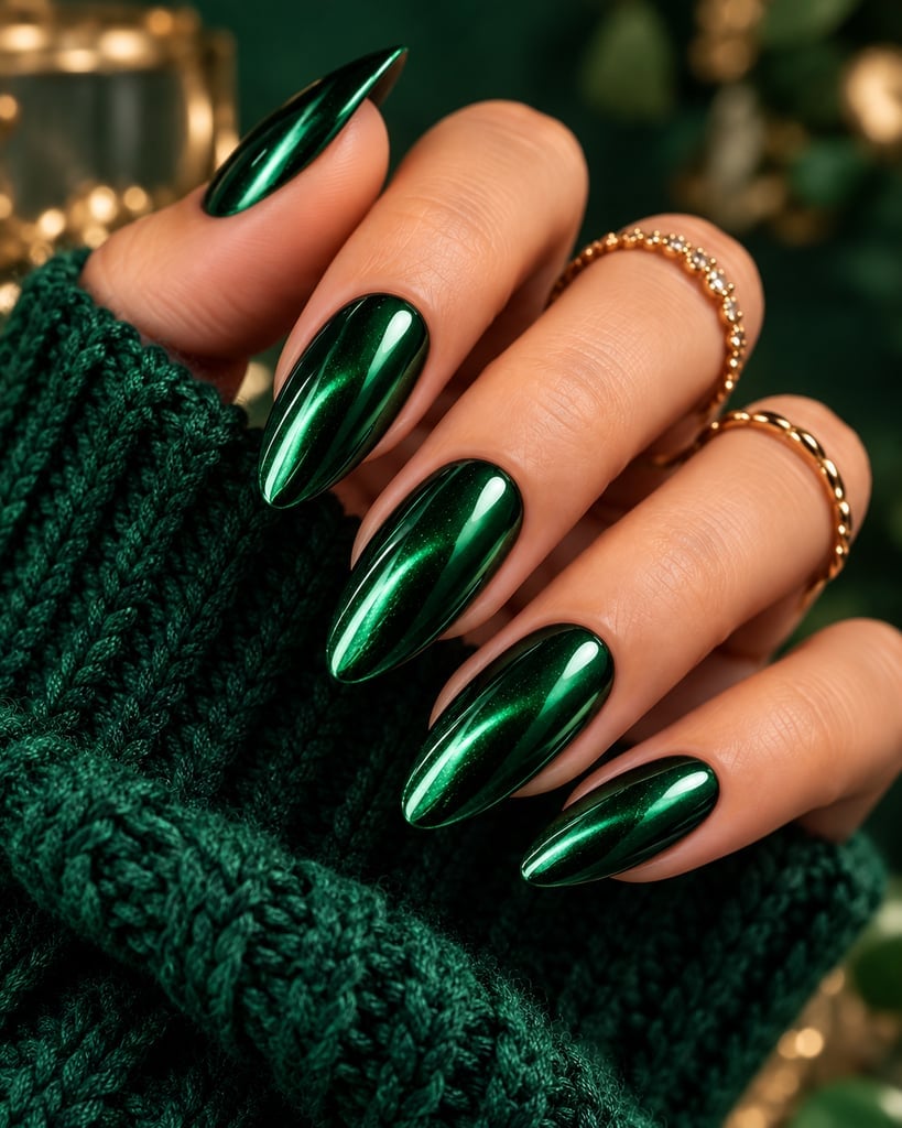 Deep Green Chrome Medium Almond Nails — Green Chrome Nails