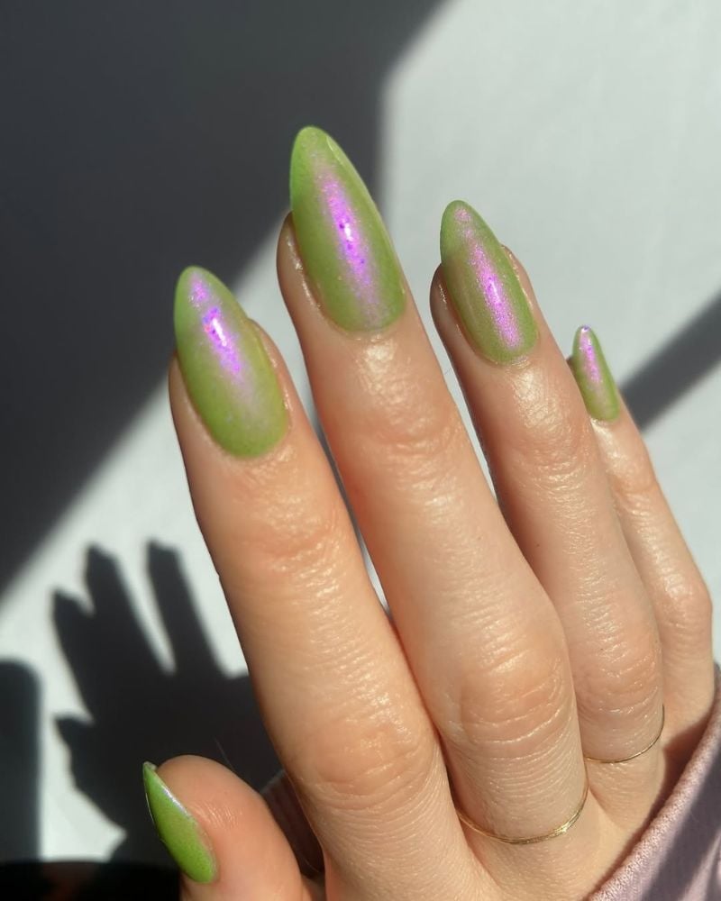 Lime Green Pink Shift Chrome Long Stiletto Nails — Green Chrome Nails