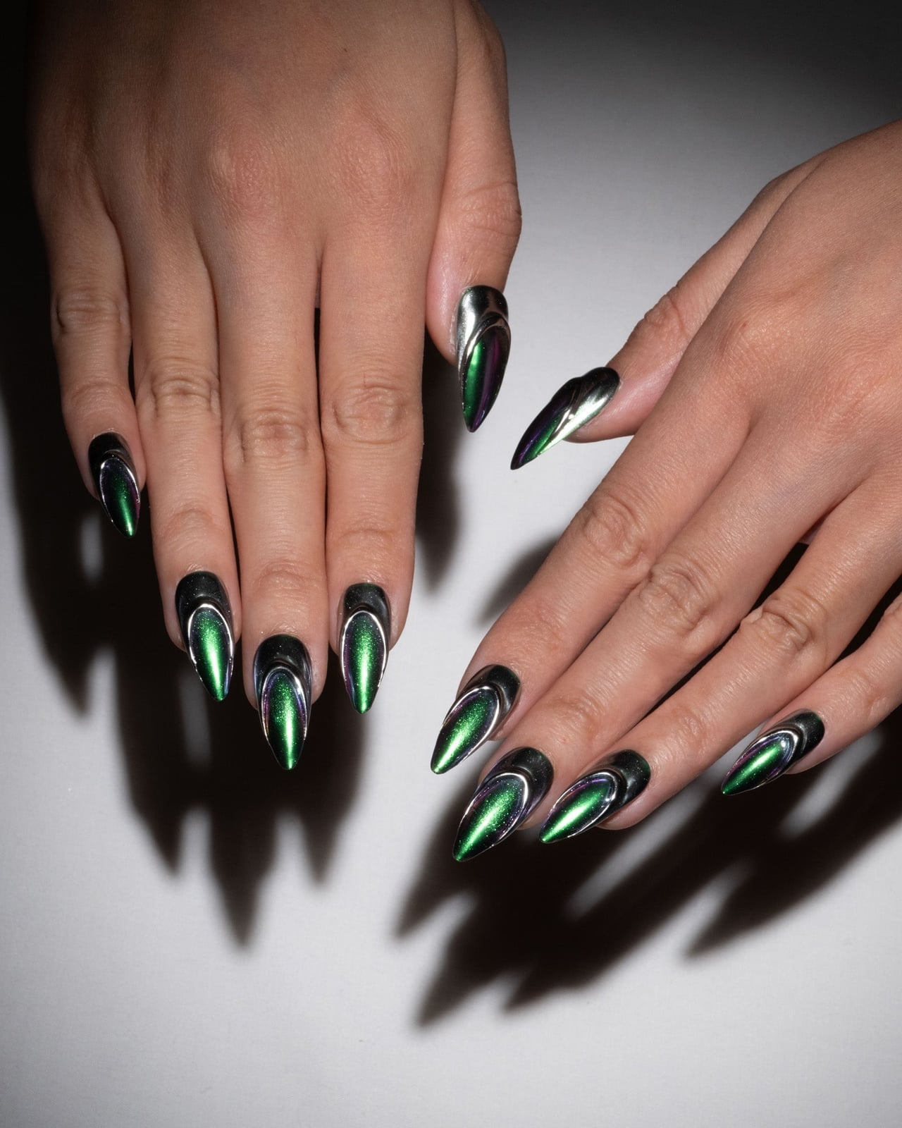 Green Chrome Stiletto Nails With Silver Outline — Green Chrome Nails