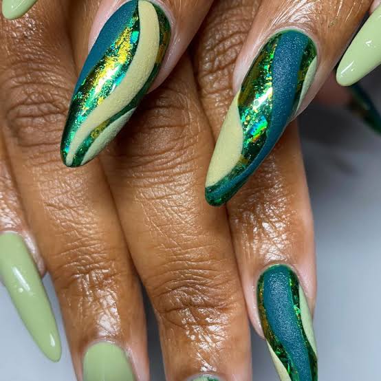 Deep Green Chrome With Light Green Gold Swirls — Green Chrome Nails