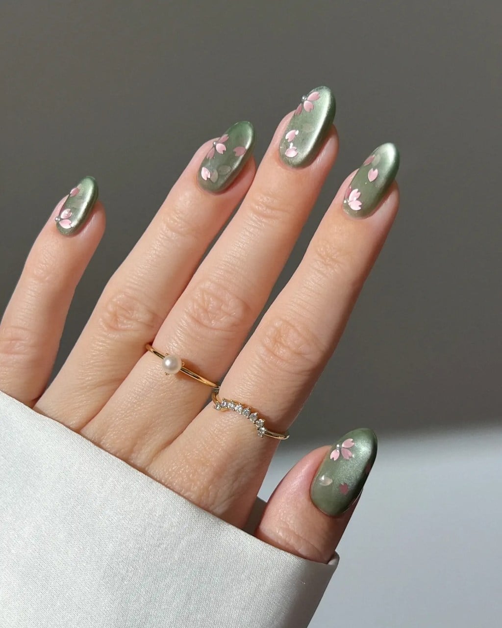 Sage Green Chrome Almond Nails With Pink Floral Accents — Green Chrome Nails
