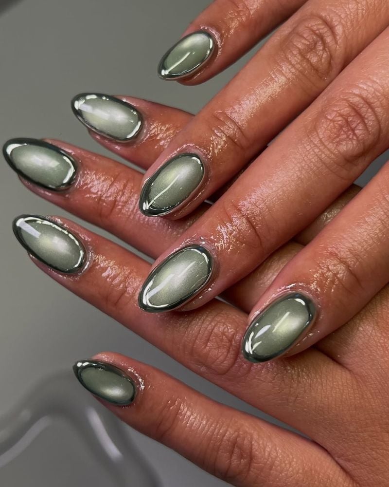 Sage Green Chrome Oval Nails — Green Chrome Nails