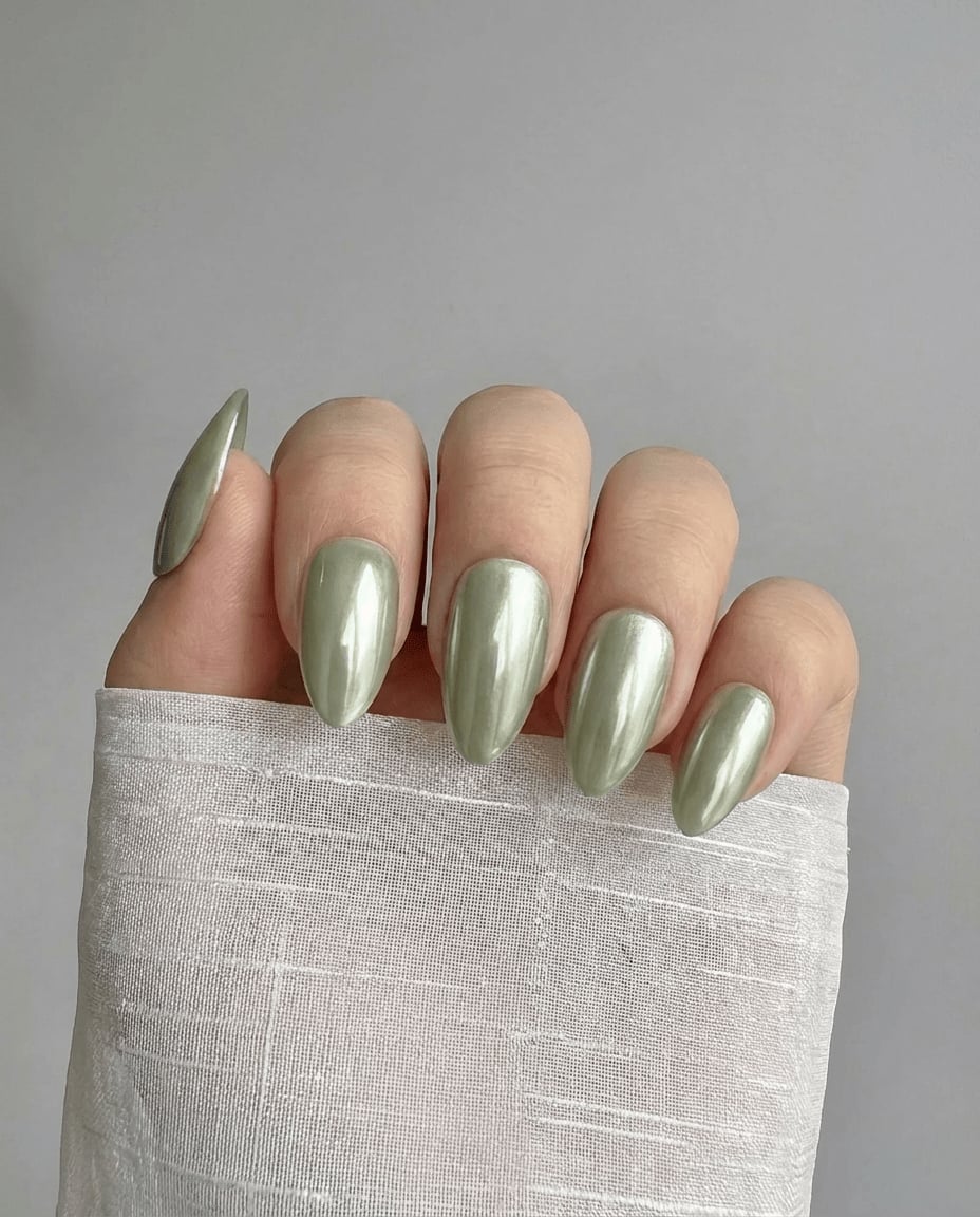 Pale Olive Green Chrome Medium Almond Nails — Green Chrome Nails