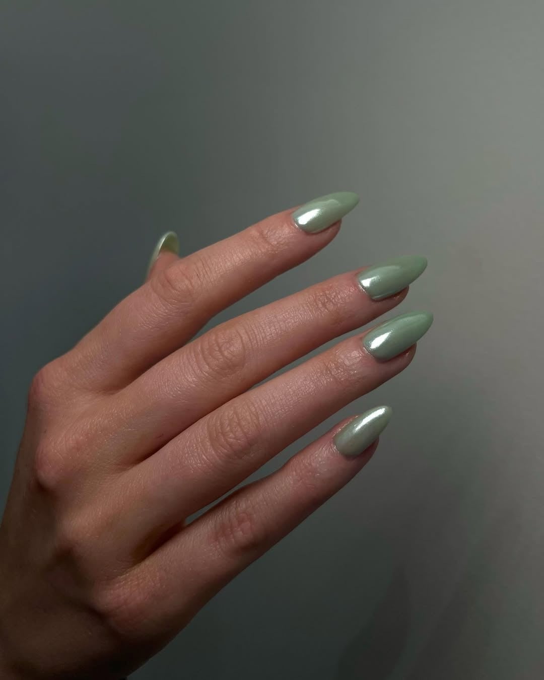 Pale Green Milky Chrome Almond Nails — Green Chrome Nails