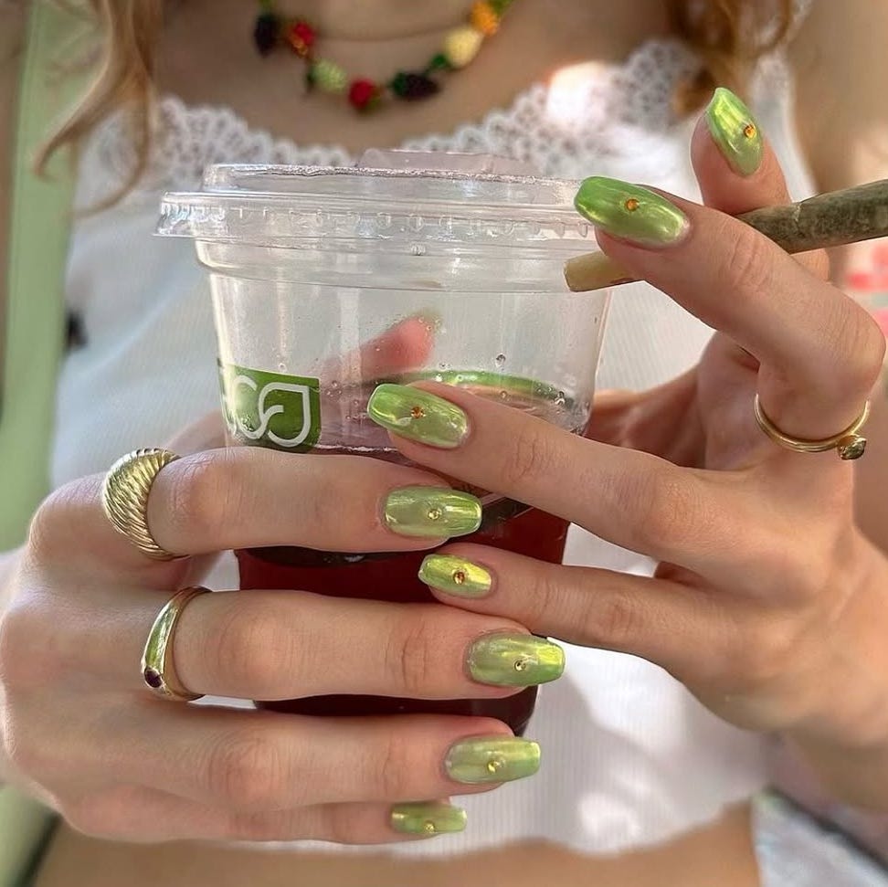 Light Green Chrome Soft Square With Gold Embellishments — Green Chrome Nails