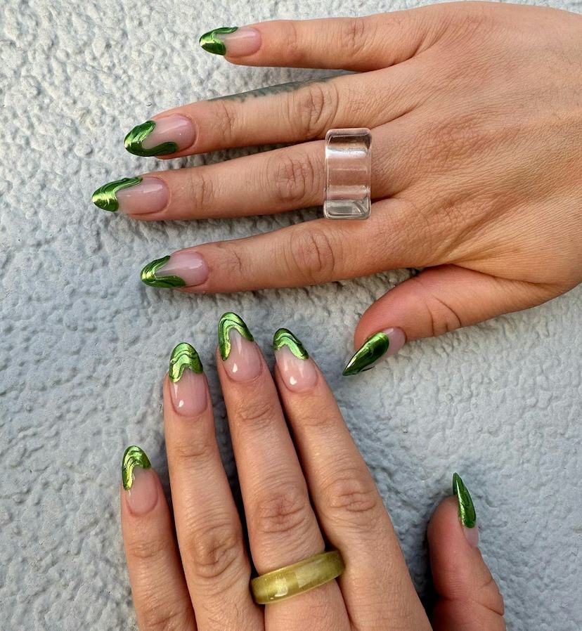 Almond Nails With Green Chrome French Tips — Green Chrome Nails