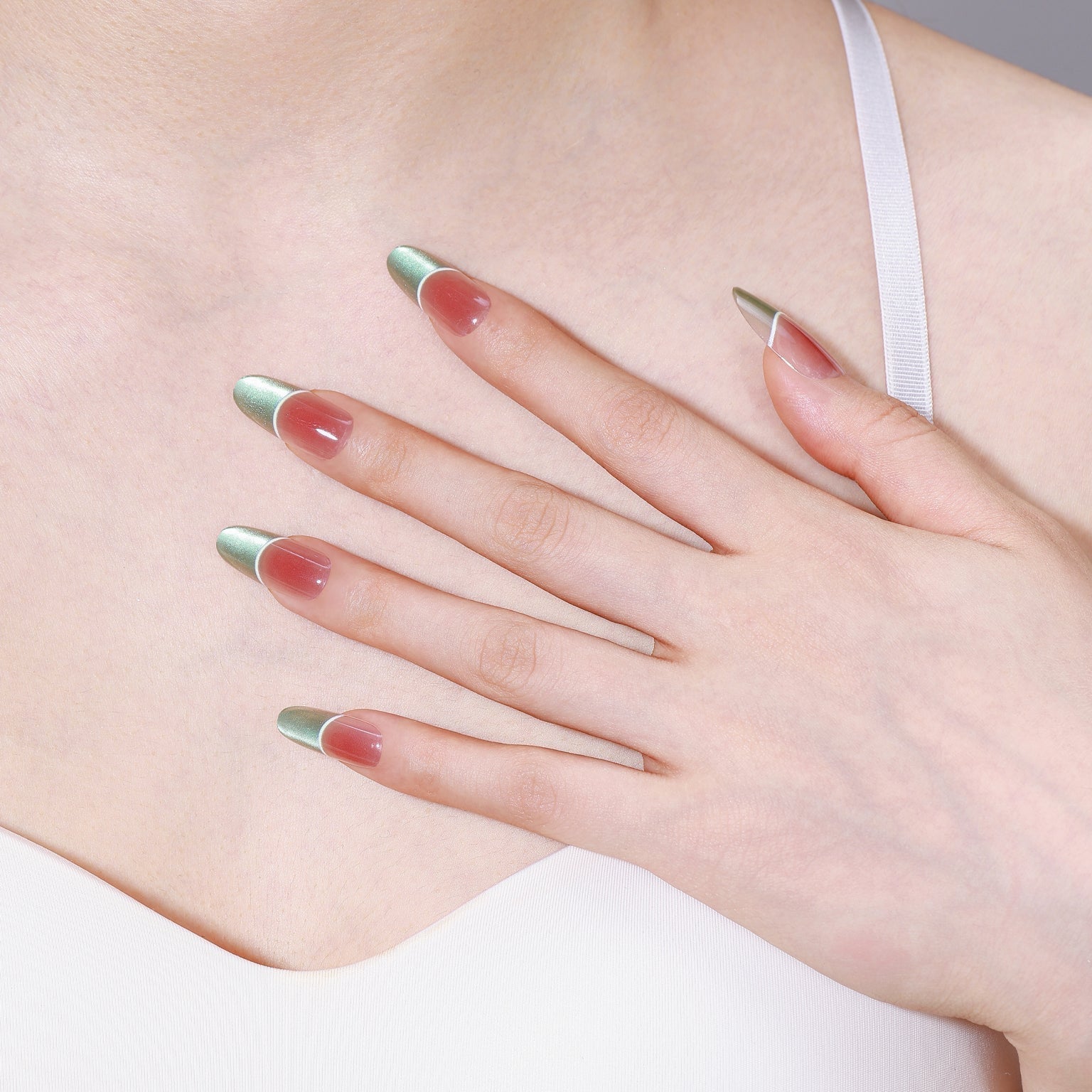 Sheer Pink Base With Green Chrome French Tips And Stars — Green Chrome Nails