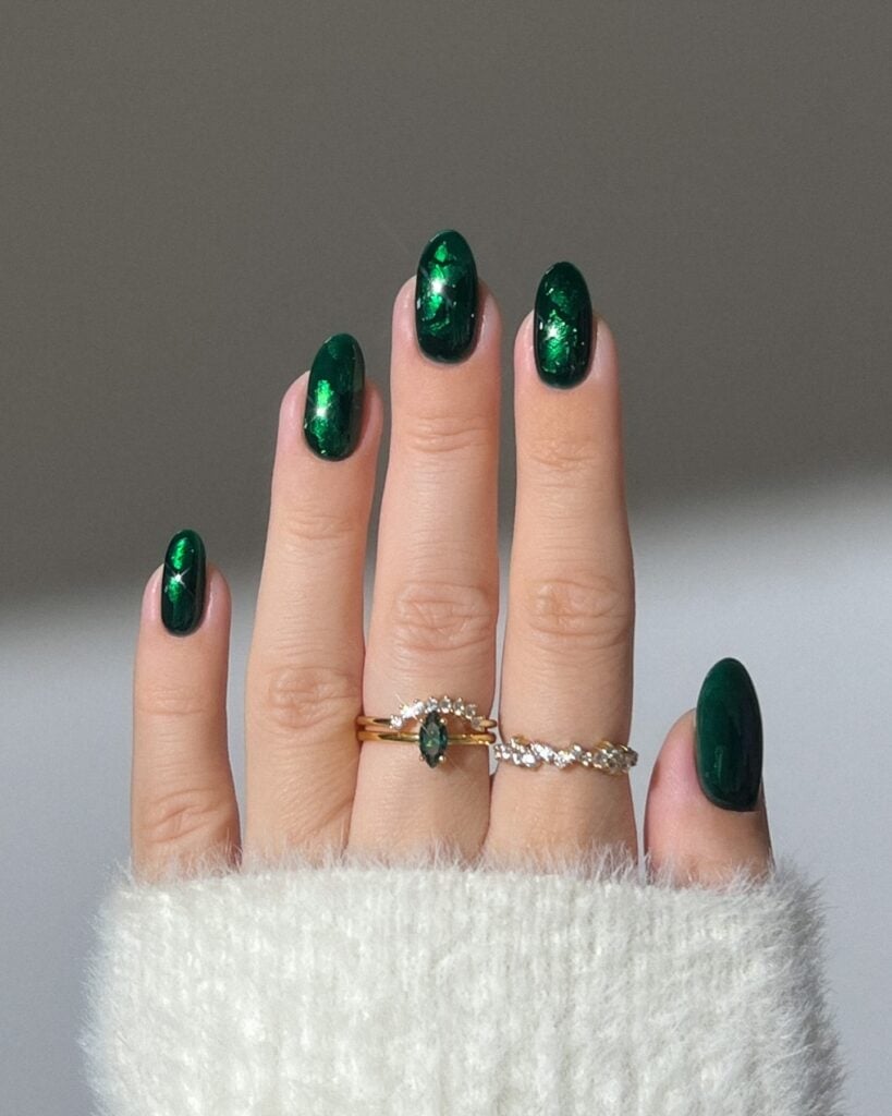 Deep Green Chrome Oval Nails With Blue Undertones — Green Chrome Nails