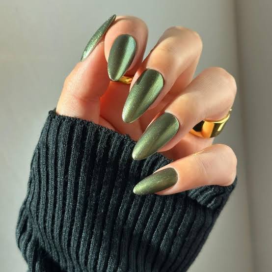 Metallic Olive Green Chrome Long Almond Nails — Green Chrome Nails