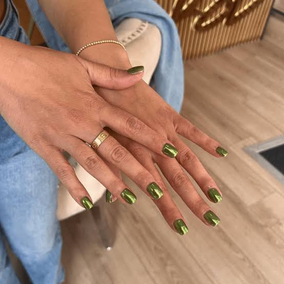 Bright Lime Green Chrome Medium Almond Nails — Green Chrome Nails