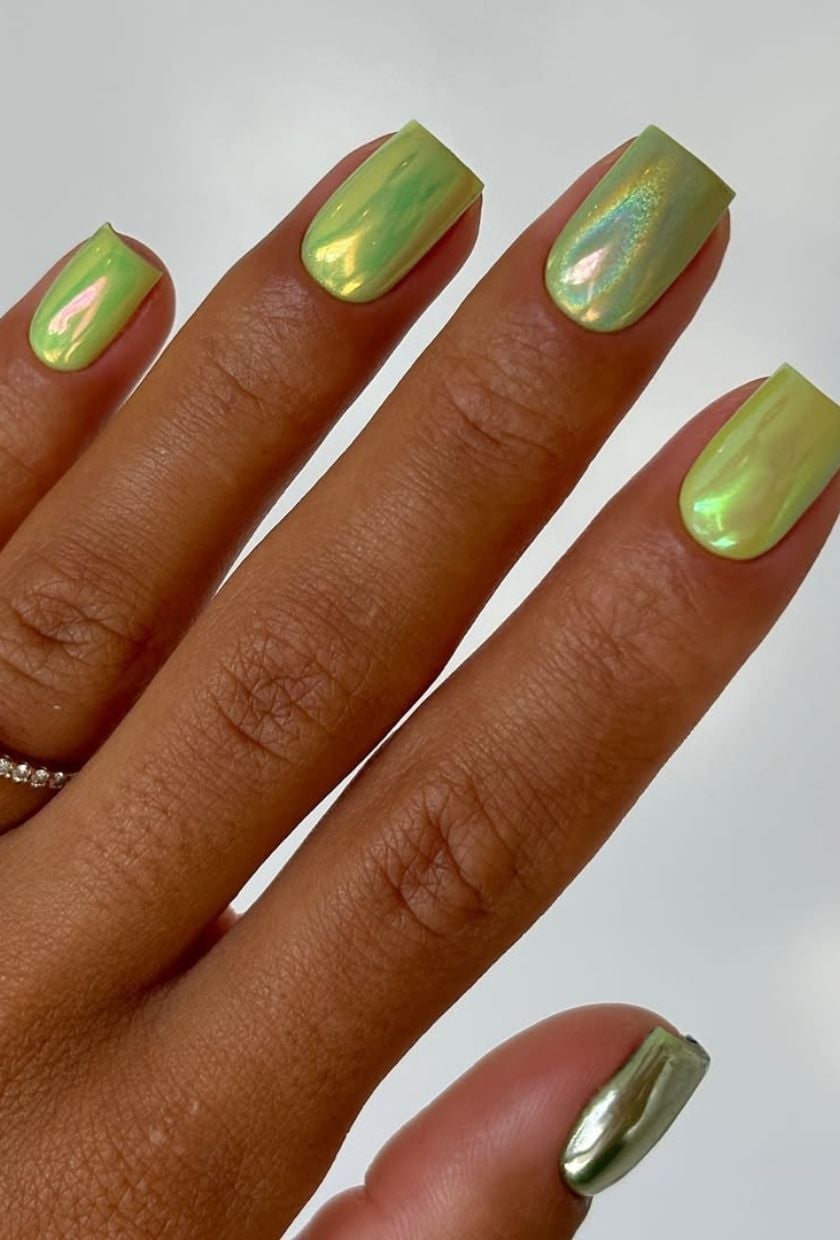Iridescent Green Yellow Chrome Soft Square Nails — Green Chrome Nails
