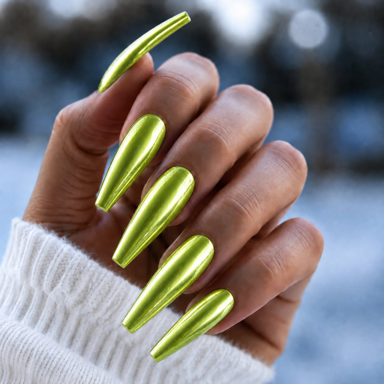 Neon Green Chrome Long Stiletto Nails — Green Chrome Nails