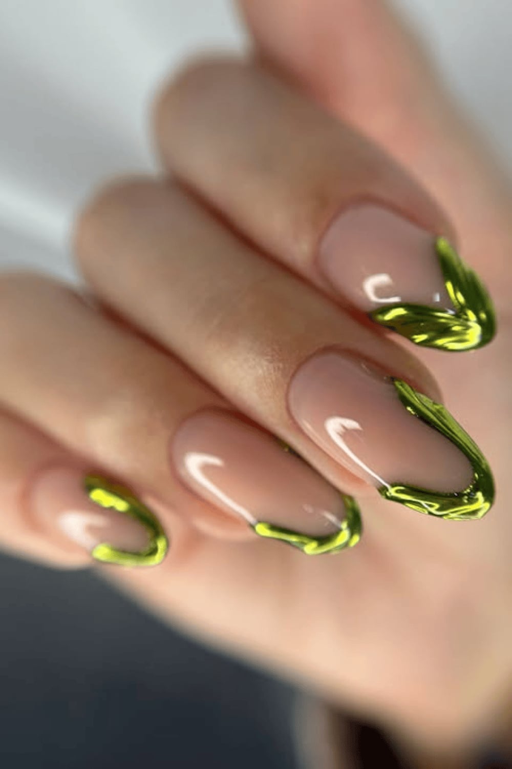 Lime Green Chrome Wavy French Long Almond Nails — Green French Tip Nails