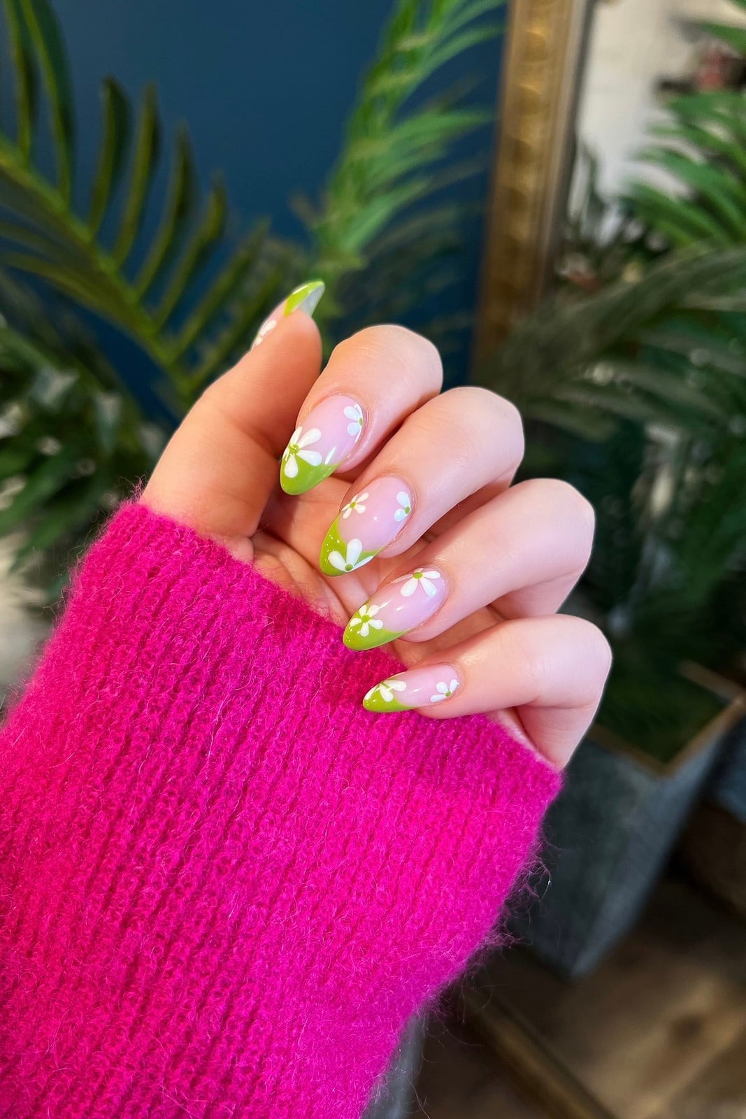 Bright Green French Tips with White Flower Decals — Green French Tip Nails
