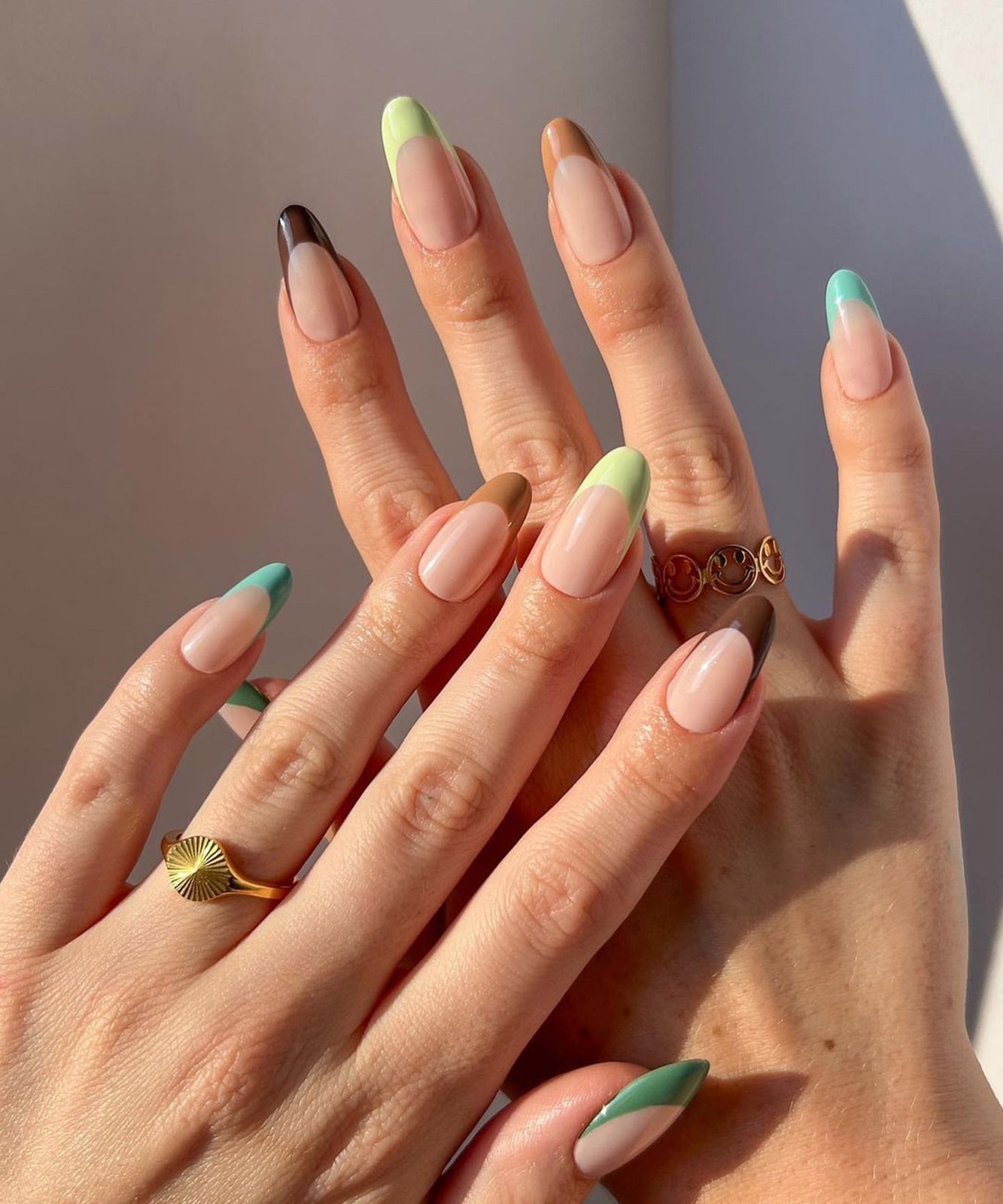 Mixed Color French Tips on Medium Almond Nails — Green French Tip Nails