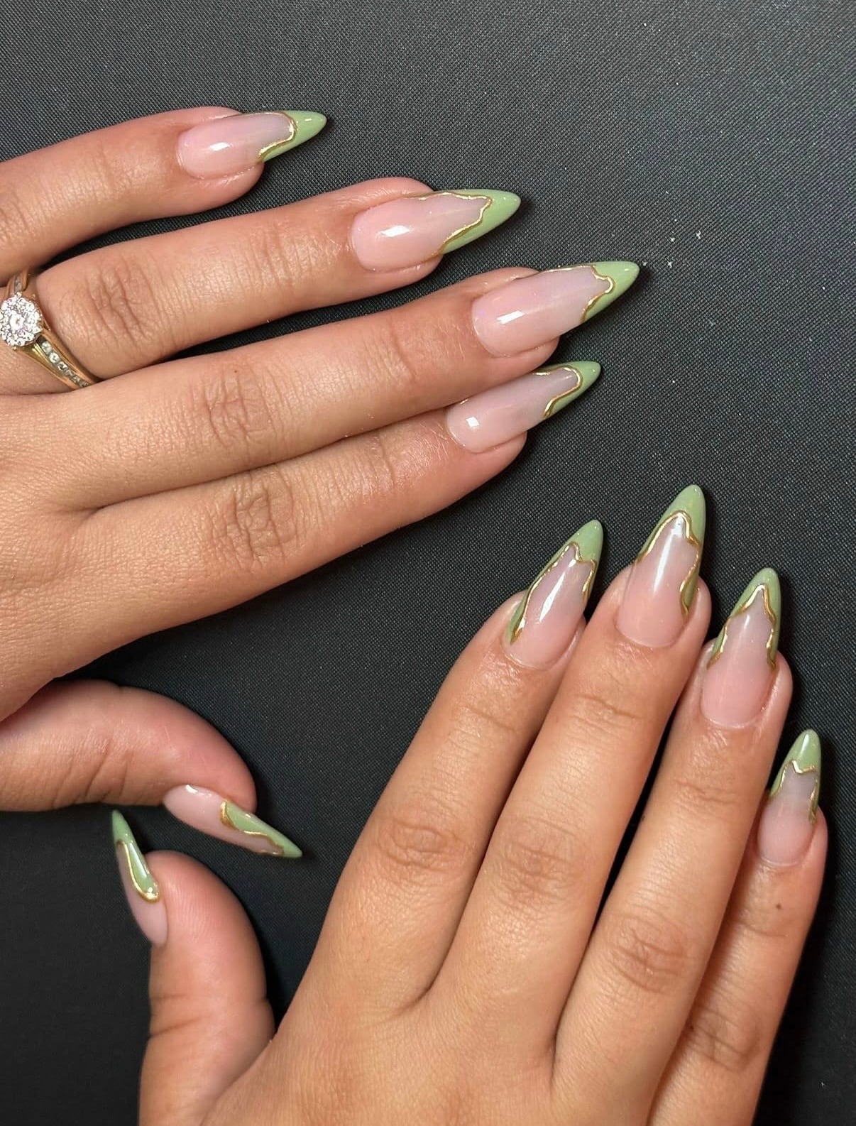 Green Wavy French Almond Nails with Gold Outline — Green French Tip Nails