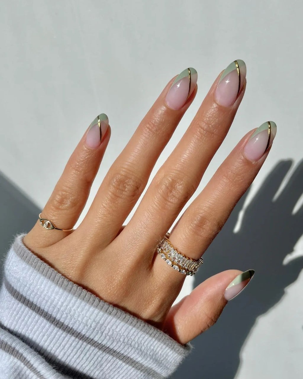 Sage Green French Short Almond Nails with Gold Line — Green French Tip Nails