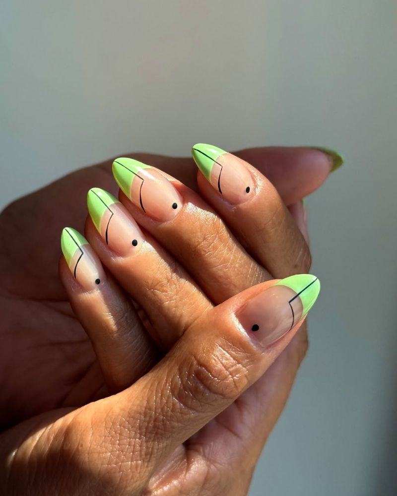 Lime Green French Short Almond with Black Line Art — Green French Tip Nails