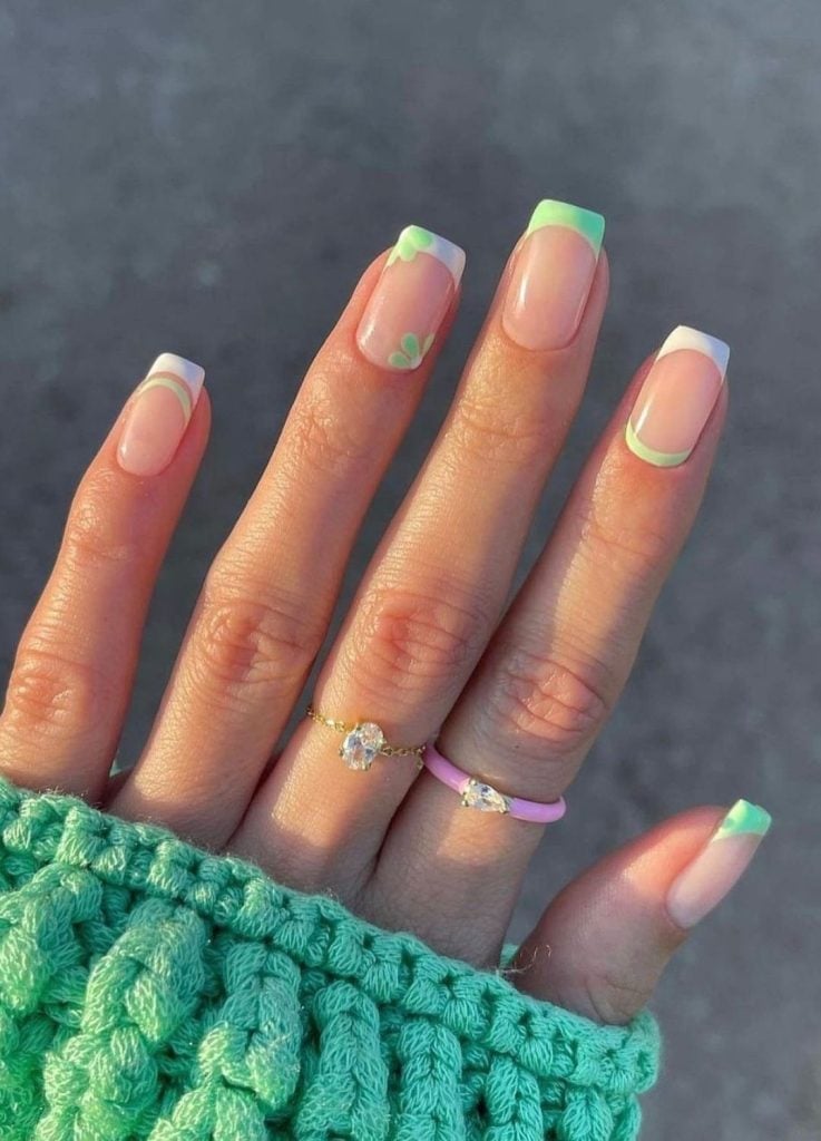 Light Green Square Nails with White Outline and Hearts — Green French Tip Nails