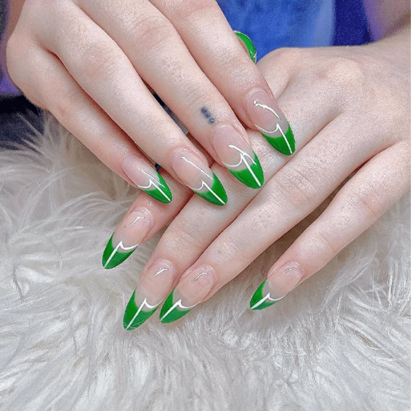 Green French Tips with White Outline on Clear Base — Green French Tip Nails