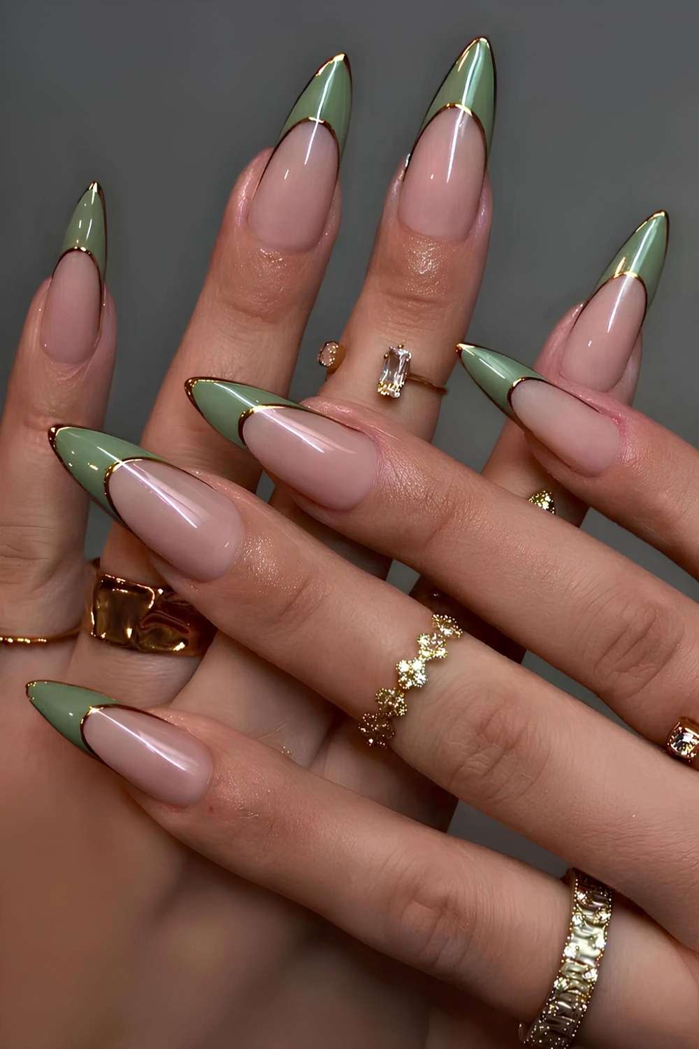 Sage Green French Stiletto Nails with Gold Outline — Green French Tip Nails
