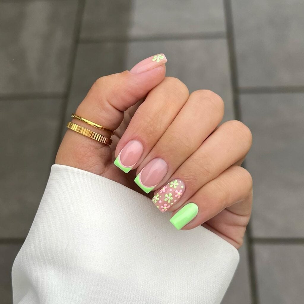 Lime Green Short Square with Pink and White Flowers — Green French Tip Nails