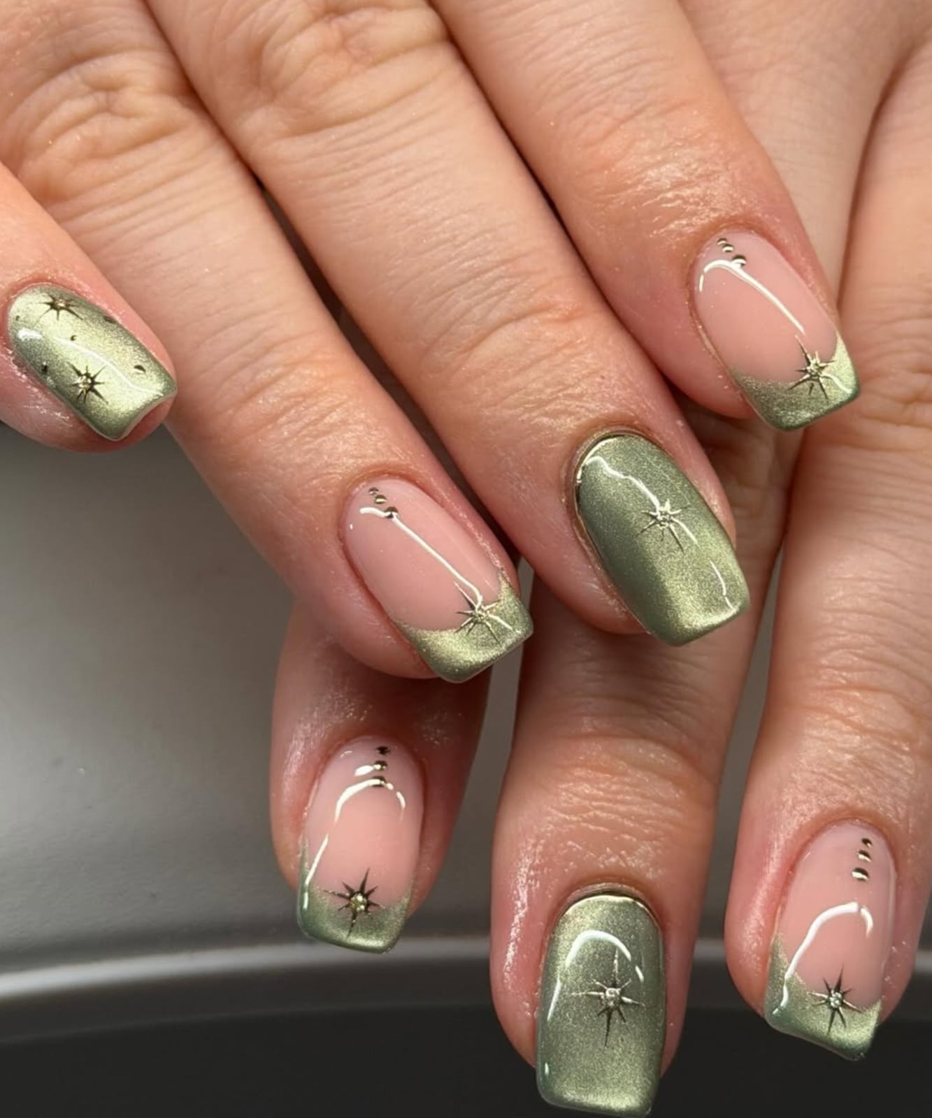 Metallic Green Short Square with Star Charms — Green French Tip Nails