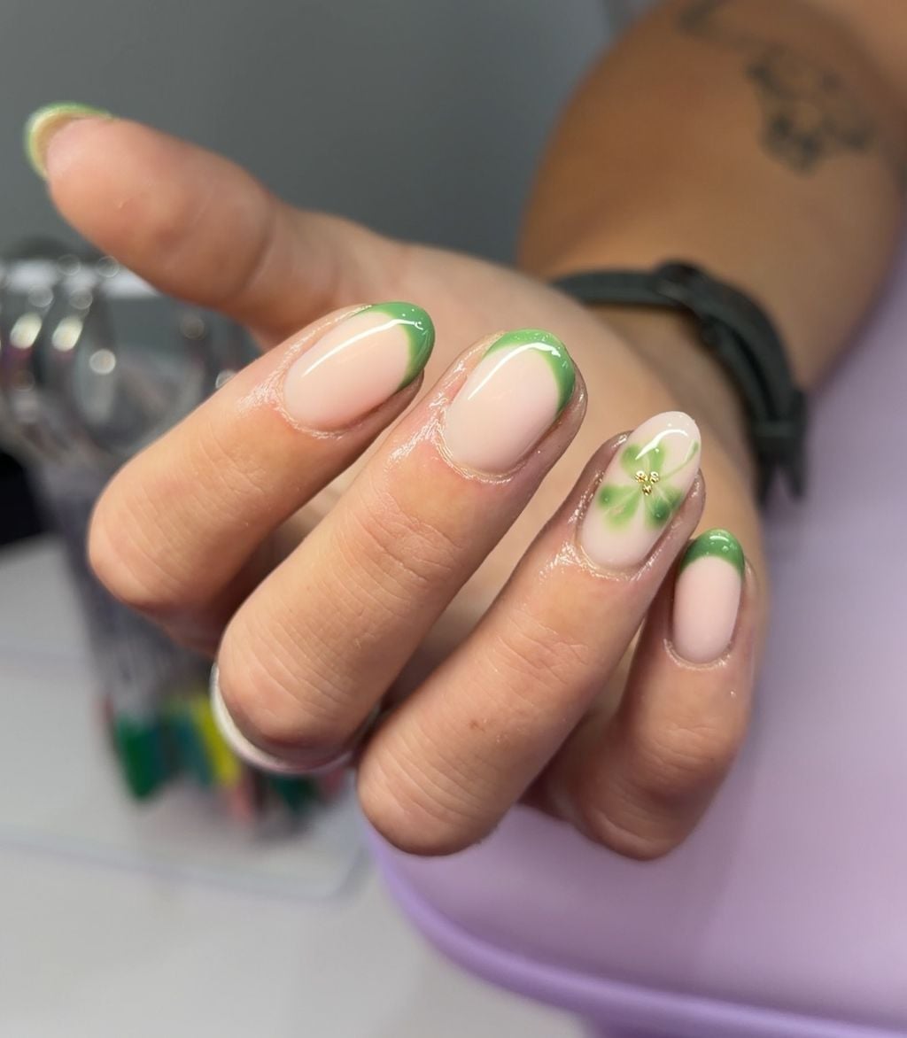 Green French Oval Nails with Four-Leaf Clover — Green French Tip Nails