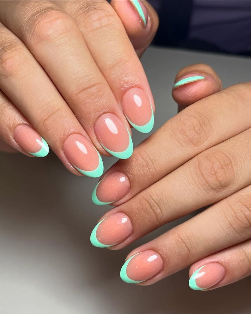 Mint Green French Short Oval Nails — Green French Tip Nails