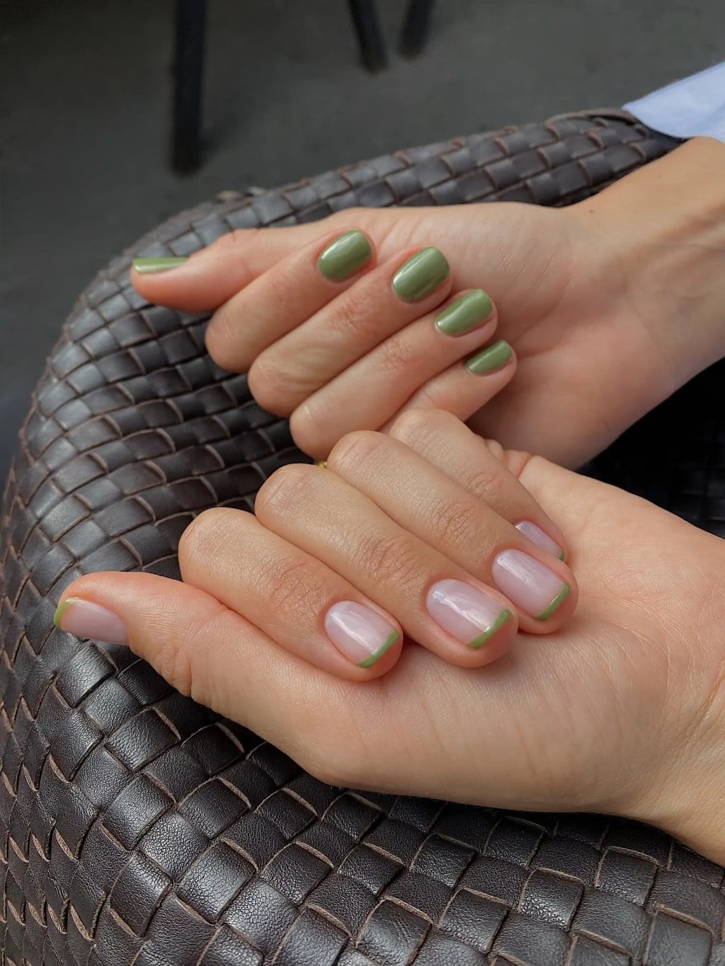 Sage Green French Short Square Nails, Close-Up Take — Green French Tip Nails
