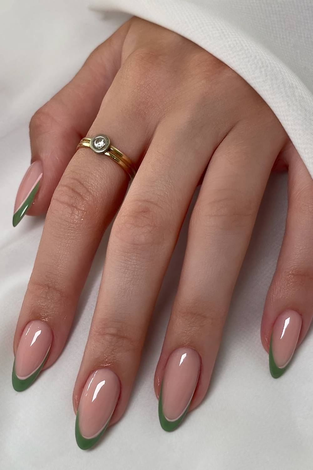 Forest Green Classic French Medium Oval Nails — Green French Tip Nails