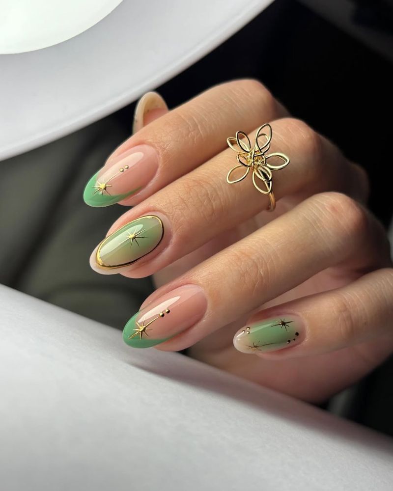 Light Green Oval Nails with Gold Stars and Lines — Green French Tip Nails