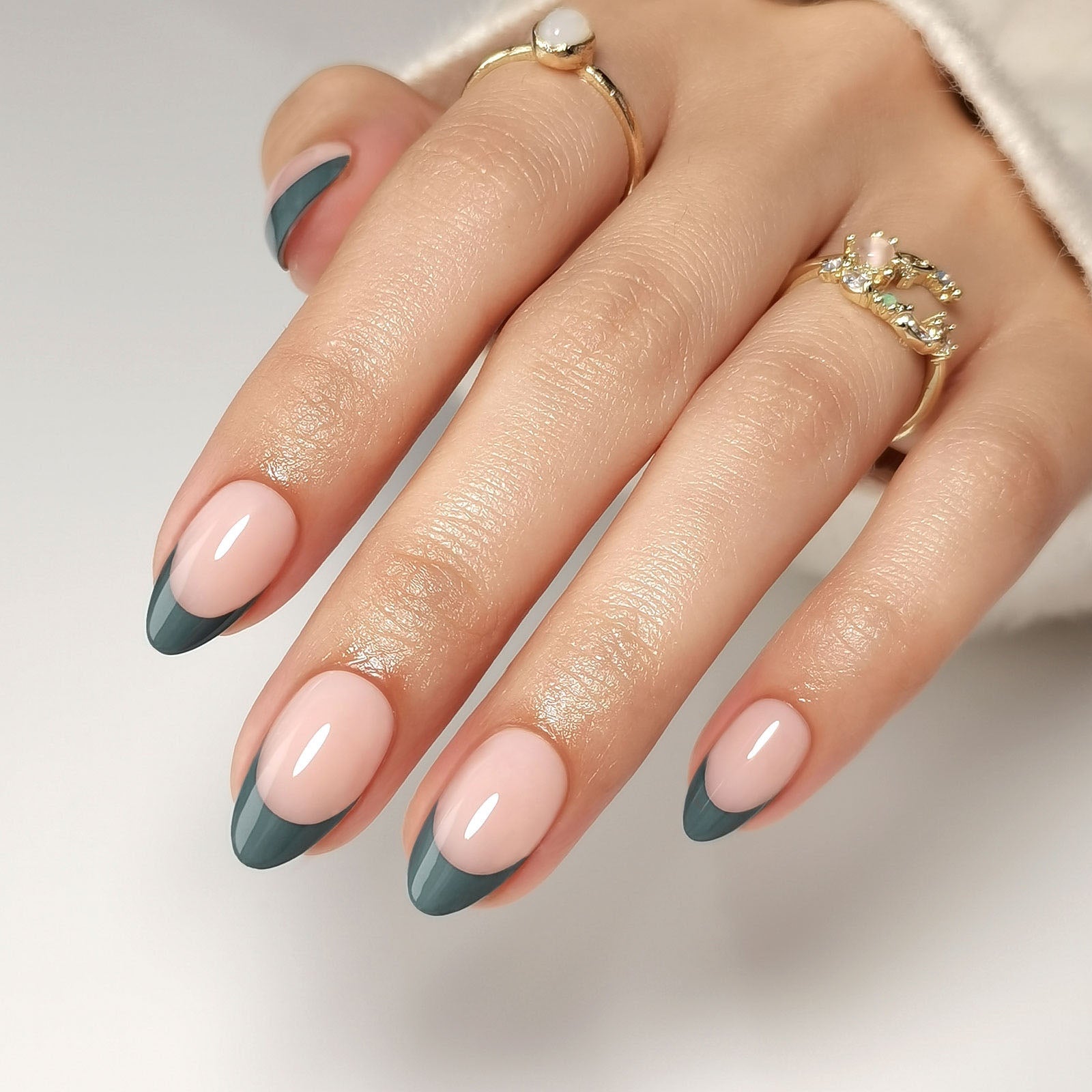 Grayish Green French Medium Oval Nails — Green French Tip Nails