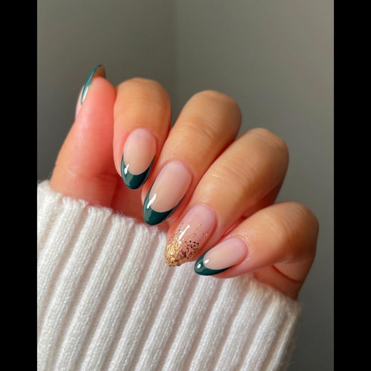 Dark Green French Oval Nails with Gold Glitter — Green French Tip Nails