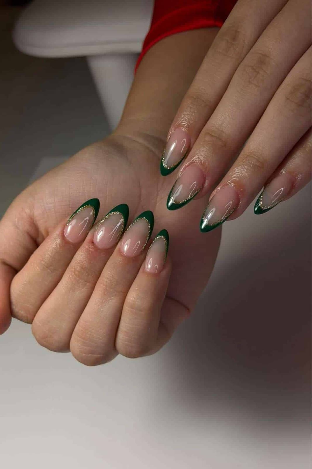Deep Green French Almond Nails with Gold Glitter Line — Green French Tip Nails