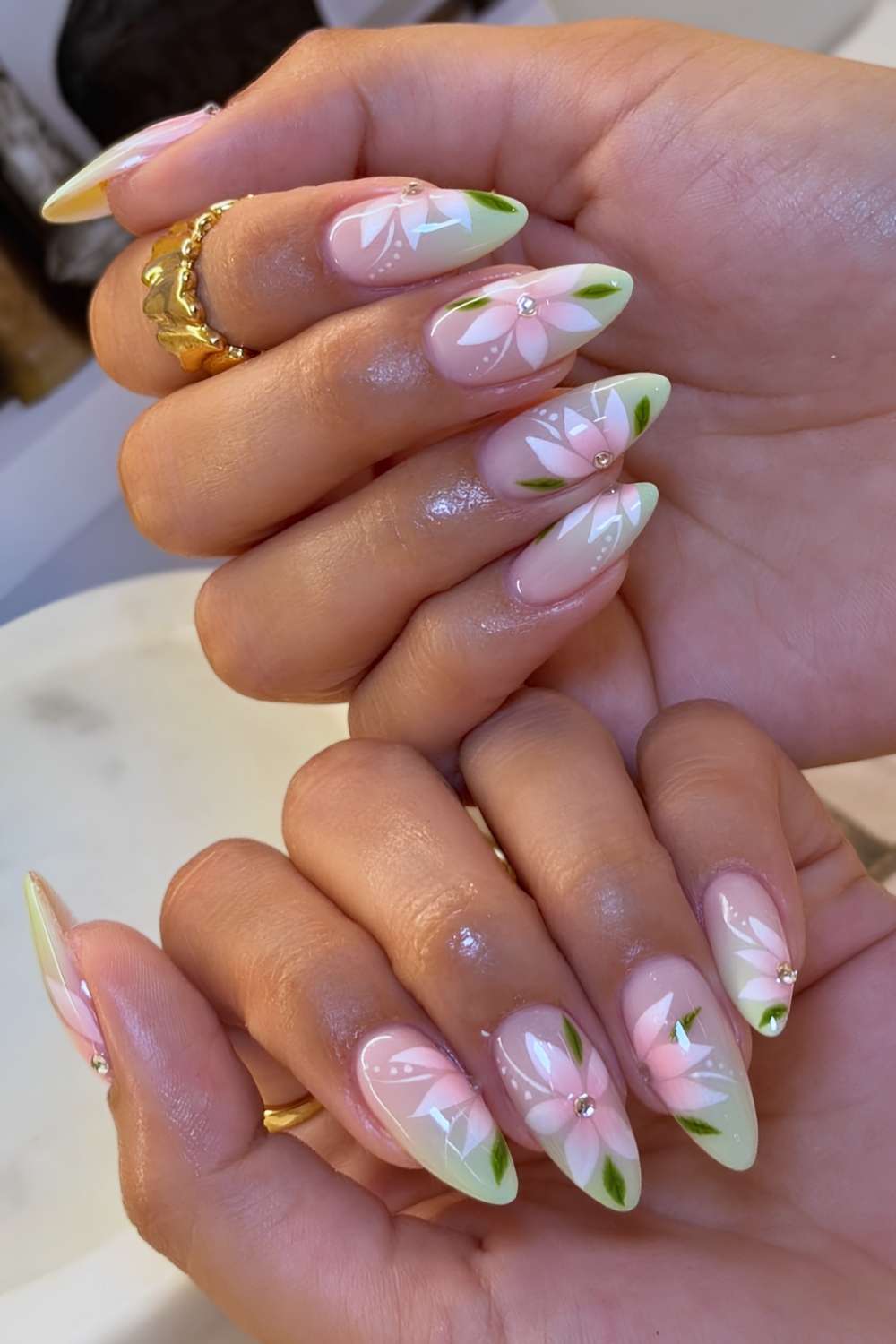 Light Green Stiletto Nails with Pink Floral Art — Green French Tip Nails