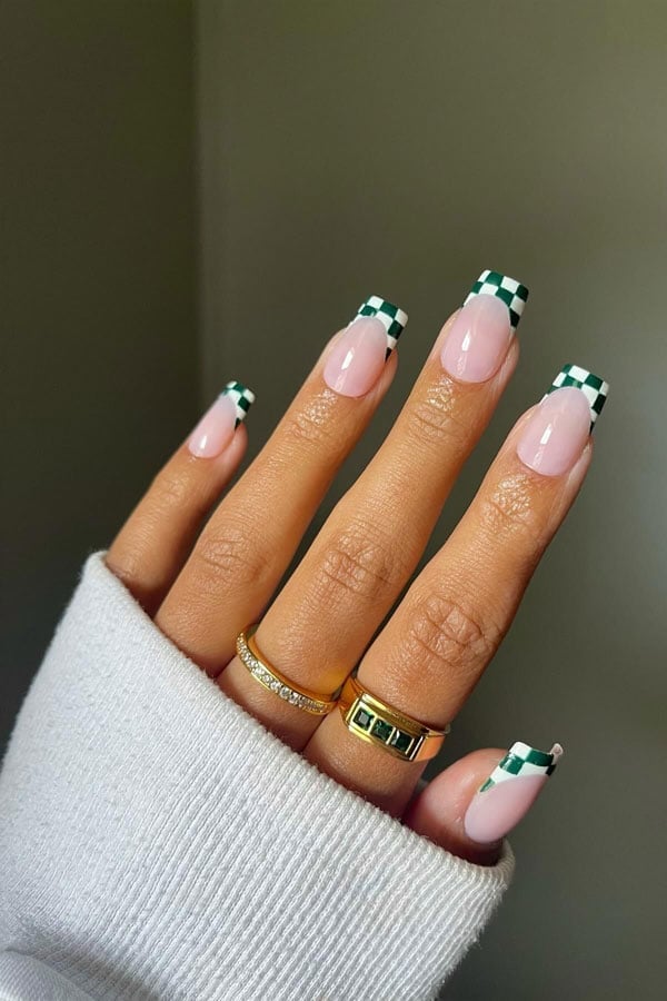 Green White Checkerboard Medium Almond Nails — Green French Tip Nails