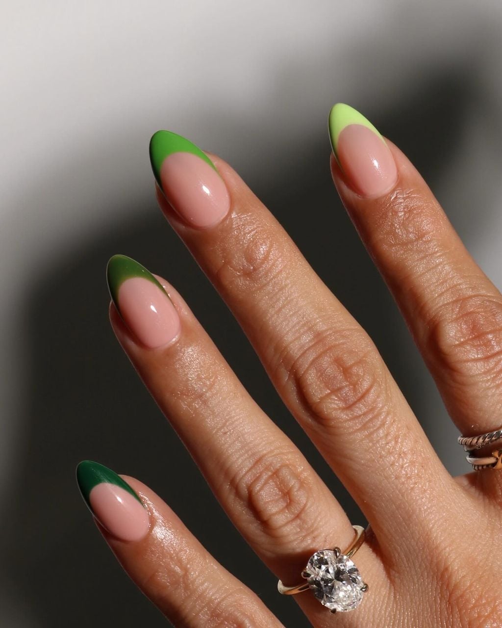 Dual Tone Green French Almond Nails — Green French Tip Nails