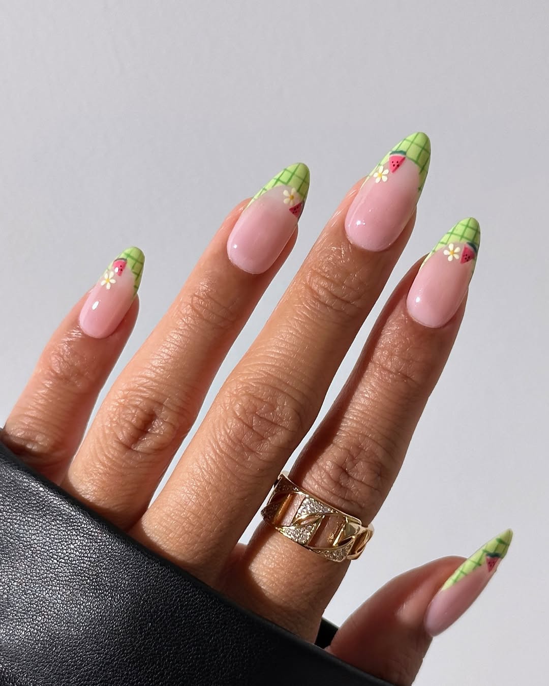 Green Checkered French Tips with Strawberries and Flowers — Green French Tip Nails