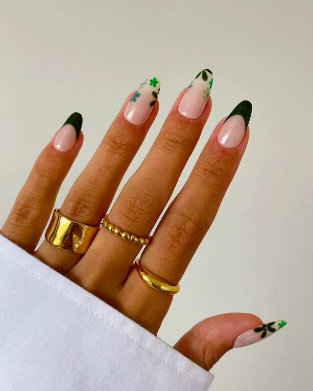 Dark Green French Tips with Light Green Floral Motifs — Green French Tip Nails